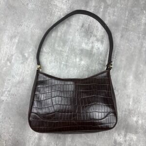 Worthington Shoulder Bag Purse Chocolate Brown Crocodile Faux Leather Gold